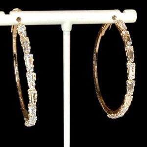 Gold Large Hoop Earrings Baguette Cut CZ Diamond Statement